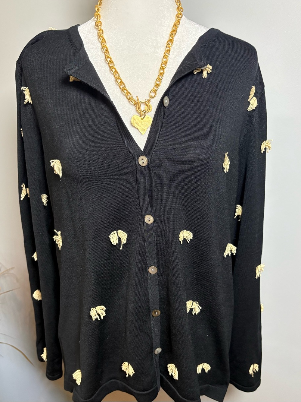 Doncaster Black 80% Silk Cardigan Embroidered Bow Sweater Women’s L Classic